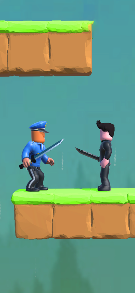 Jump Ninja games falling boy - Dois personagens blocados com espadas um de frente para o outro em uma plataforma flutuante em Jump Ninja games.