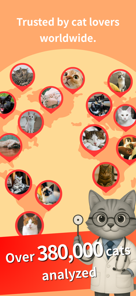 CatsMe - Marketing screen showing a world map with cat pins and text stating over 380000 cats analyzed worldwide