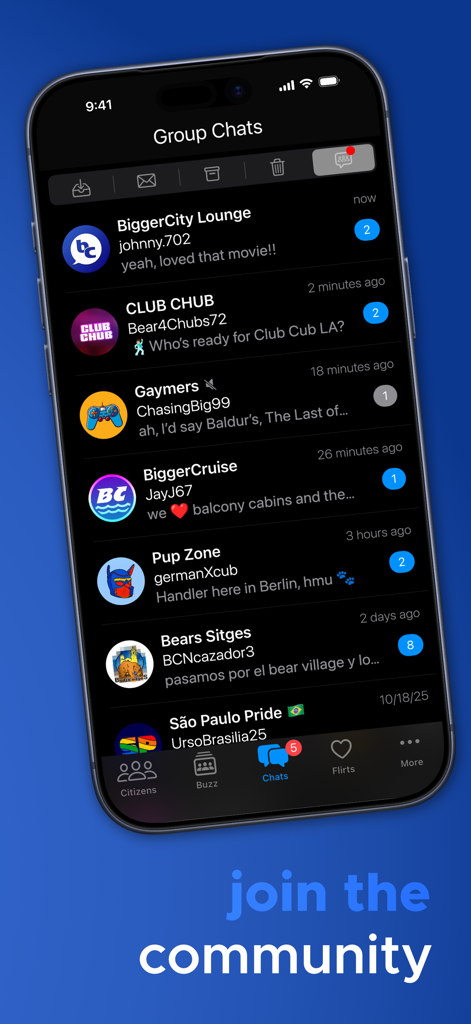 BiggerCity - BiggerCity app interface showing a list of themed group chats for the gay bear and chub community.