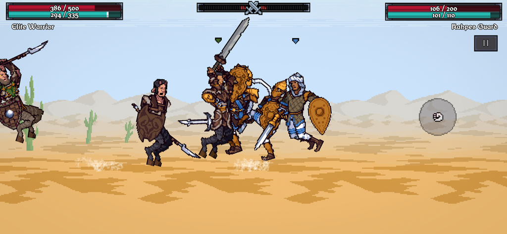 Blades of Deceron - A 2D pixel art medieval battle scene in a desert setting featuring warriors with swords and shields from the game Blades of Deceron
