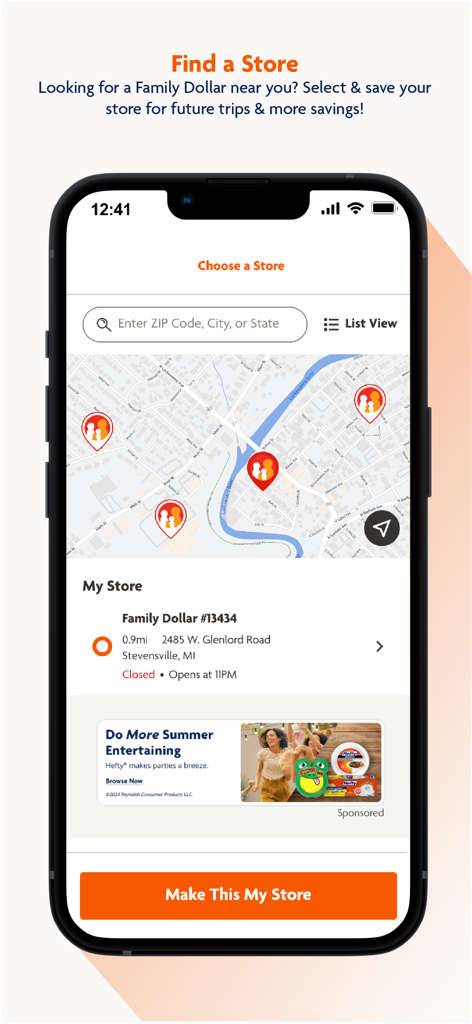 Family Dollar mobile app screen showing a map with nearby store locations and a store search bar