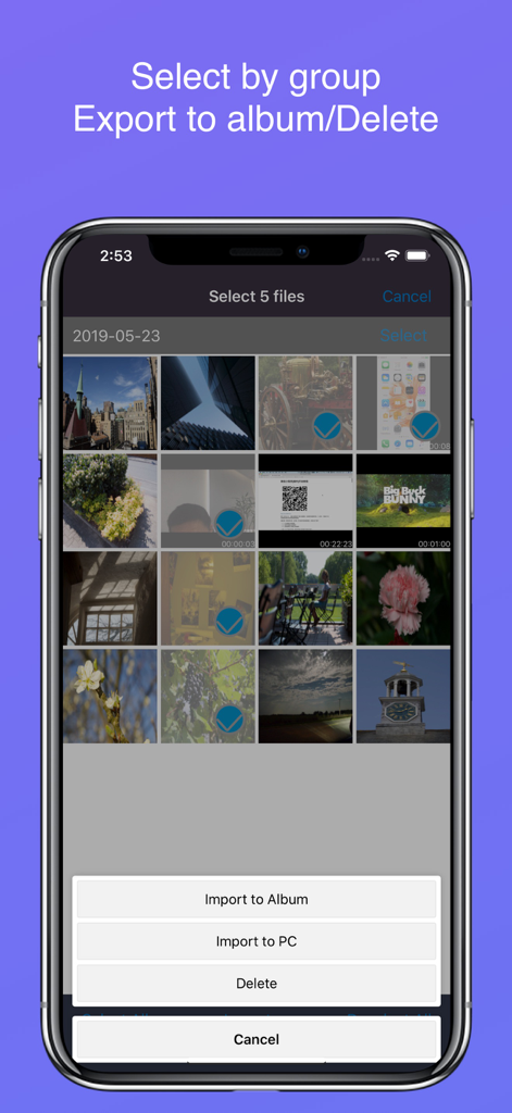 FlashAir Image Share - FlashAir Image Share app interface showing a grid of photos with multiple files selected and a menu to import or delete them.