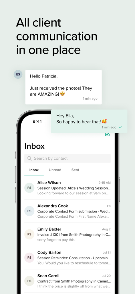 Pixieset – Studio Manager - Pixieset Studio Manager app inbox showing centralized client messages and communication