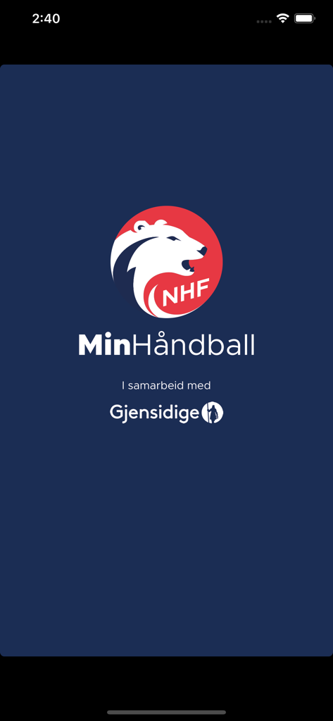 Min Håndball - Min Handball app splash screen with the NHF bear logo and Gjensidige partnership branding on a dark blue background