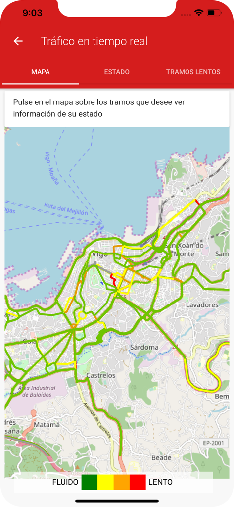 Vigo App - Concello de Vigo - Map of Vigo showing real-time traffic status with color-coded congestion levels.