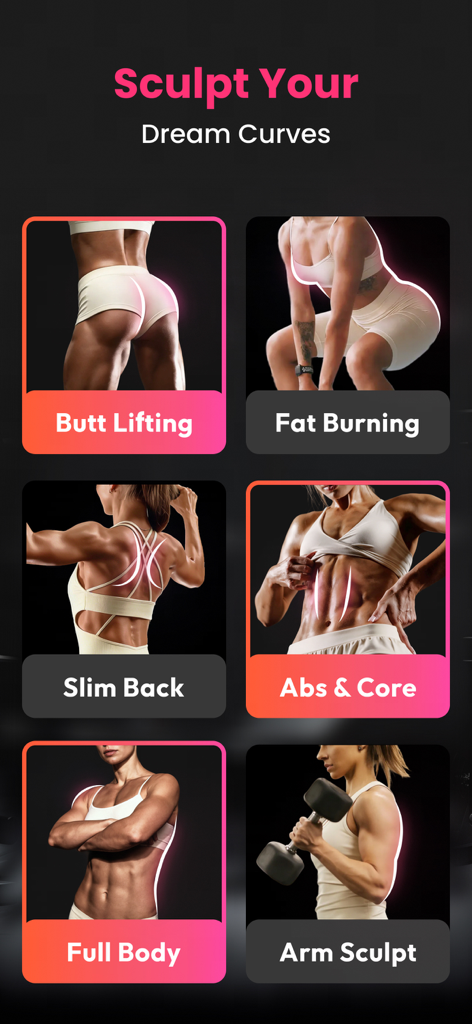 Gym Workout Planner | HerGym - HerGym app interface showing targeted workout categories for women including butt lifting and abs and core