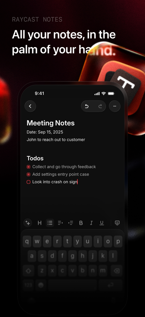 Raycast: AI, Notes and more - Screenshot of Raycast mobile app showing the meeting notes feature with a todo checklist in dark mode.