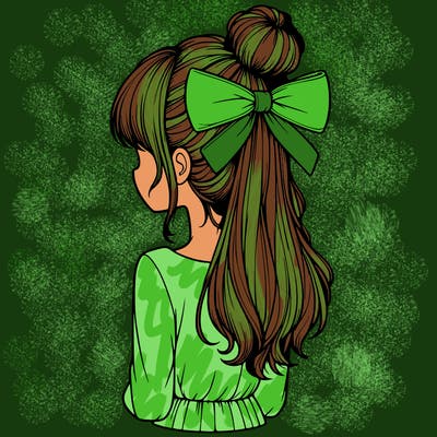 realistic girl  with hip length hair a bun and a big bow on the back of head