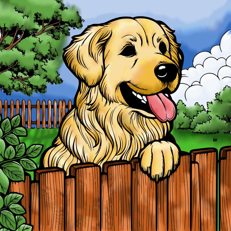 realistic golden retriever dog looking over a fence