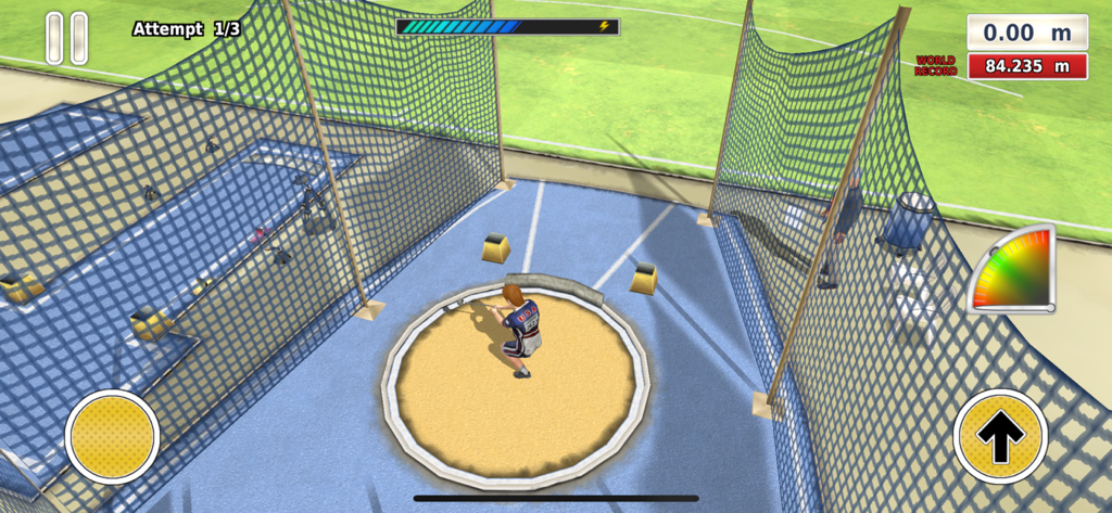 Athletics 3: Summer Sports - Una pantalla de juego 3D de Athletics 3 Summer Sports que muestra a un atleta preparándose para un intento de lanzamiento de martillo en un estadio.