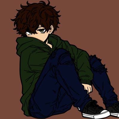 a male hoddie ripped jeans messy hair anime