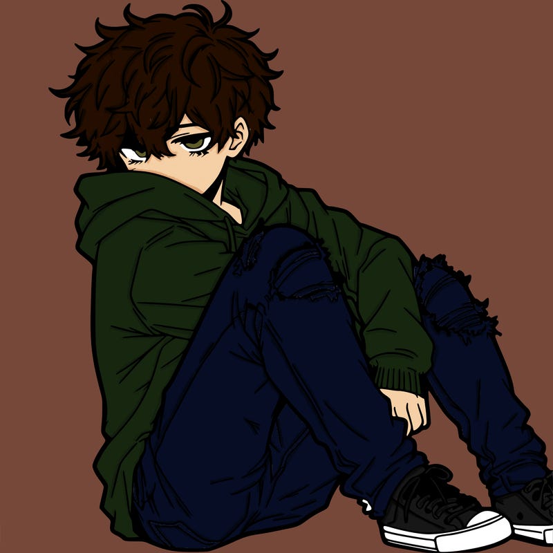 a male hoddie ripped jeans messy hair anime