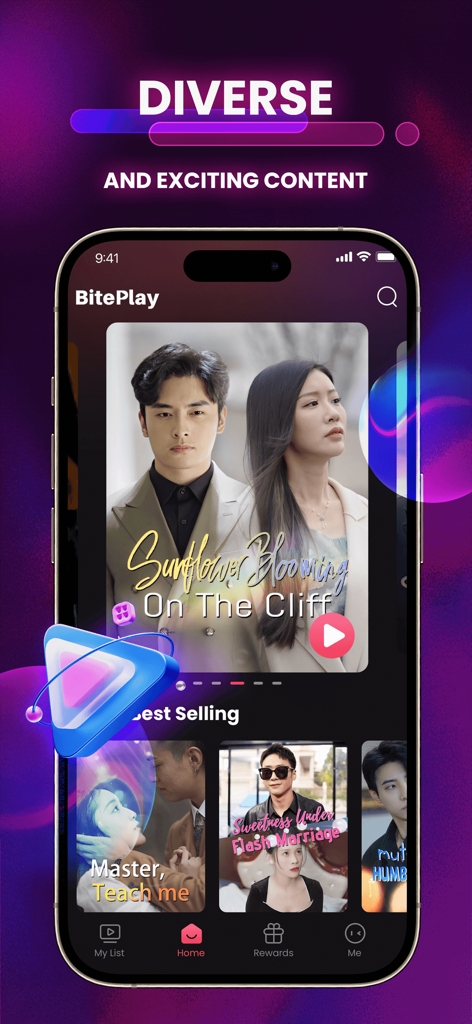 BitePlay - BitePlay app home screen on a mobile device showing popular short drama series posters including romantic and suspenseful stories.