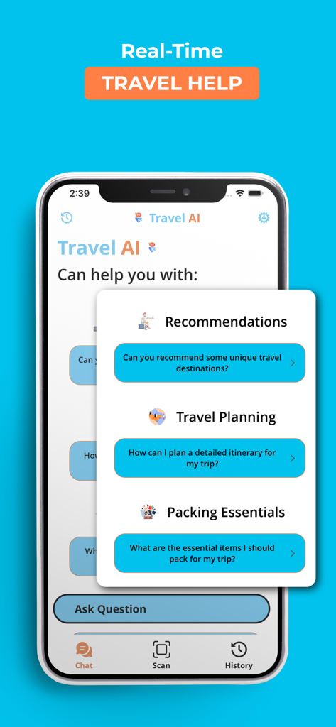 Travel AI - Chatbot - Pantalla de la aplicación móvil de Travel AI que muestra opciones de recomendaciones de viaje y planificación de itinerarios
