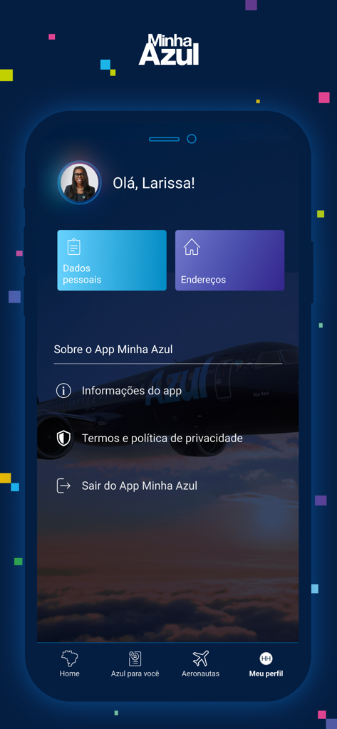 Minha Azul app user profile interface for airline crew members showing personal data and address management options.