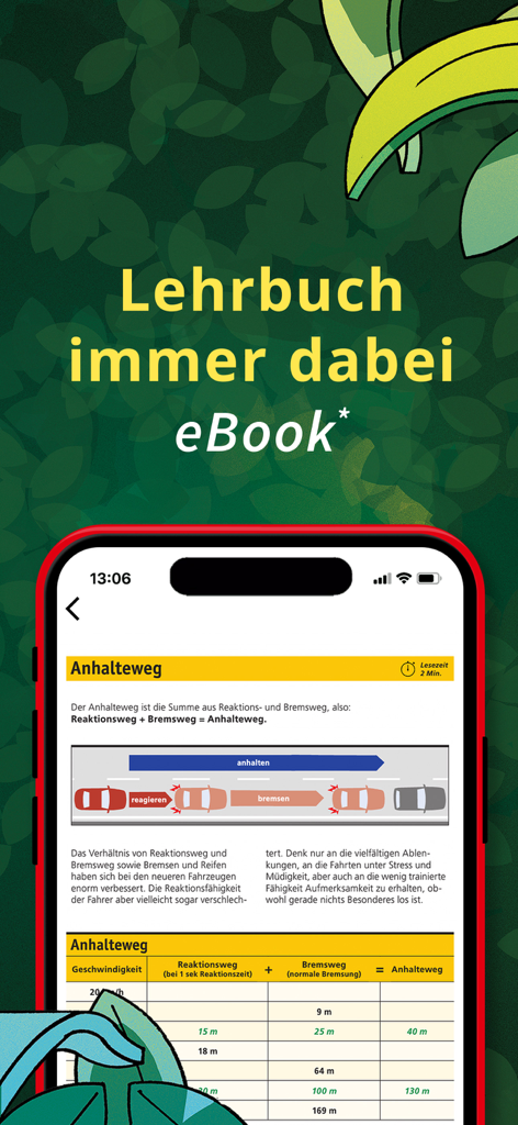 FahrAPP - Um smartphone a exibir uma lição de teoria de condução sobre distâncias de paragem no livro digital do FahrAPP