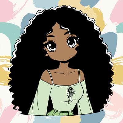 a black anime girl with long afro hair