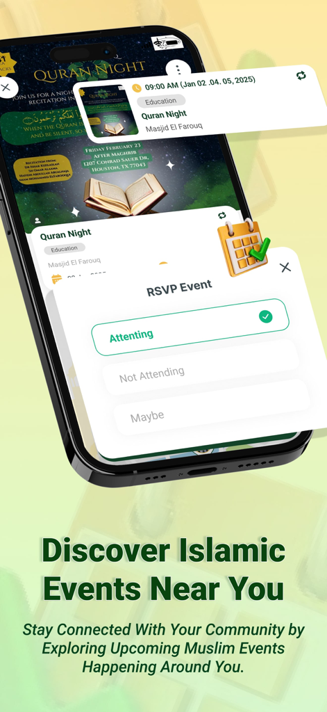 CMZ (ConnectMazjid) - Events - ConnectMazjid app showing the RSVP screen for a Quran Night event at a local mosque.