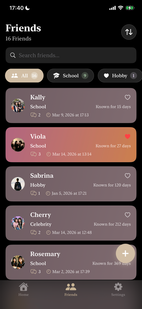 Momento: Friends Journal - Screenshot of the Momento app showing a list of friends categorized by school and hobbies with friendship durations