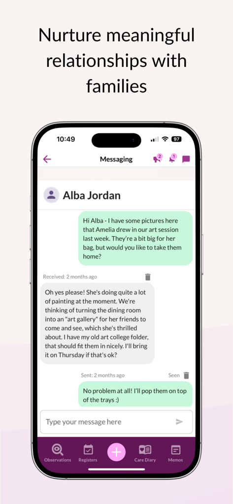 Tapestry Education Platform messaging interface showing a conversation between an educator and a parent about a child's artwork.