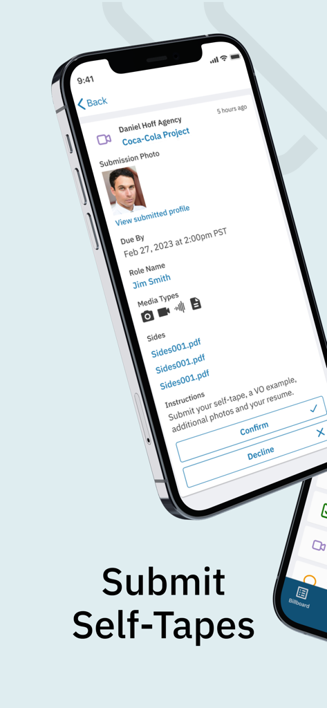 Casting Networks mobile app screen showing an audition request for a Coca-Cola project with instructions for self-tape submission.