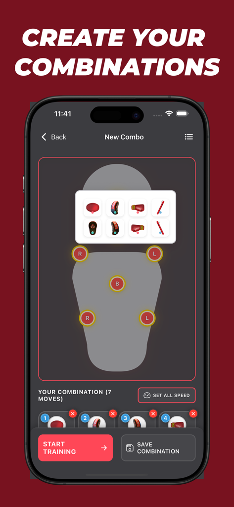 Interface of SparPad app showing how to create custom shadow boxing combinations with target points