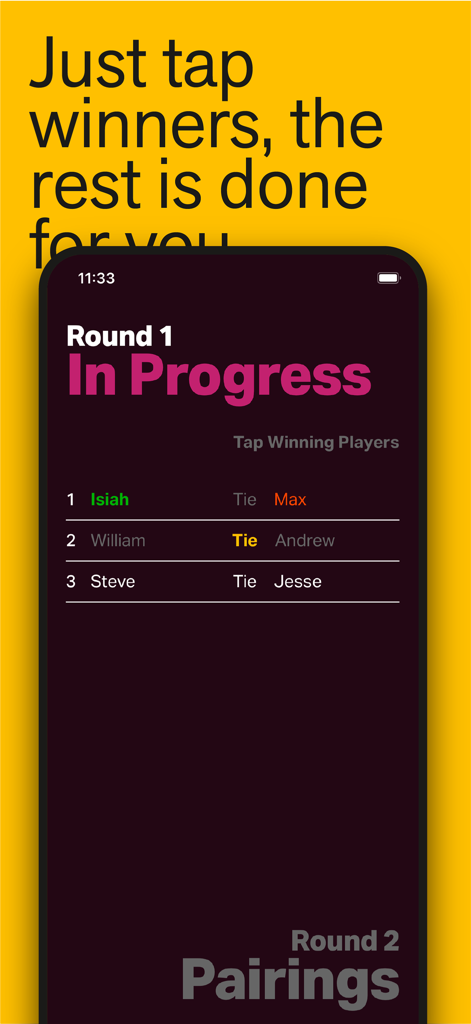Swiss Rounds - Interface de l'application Swiss Rounds montrant une liste d'appariements de tournoi pour le Round 1.
