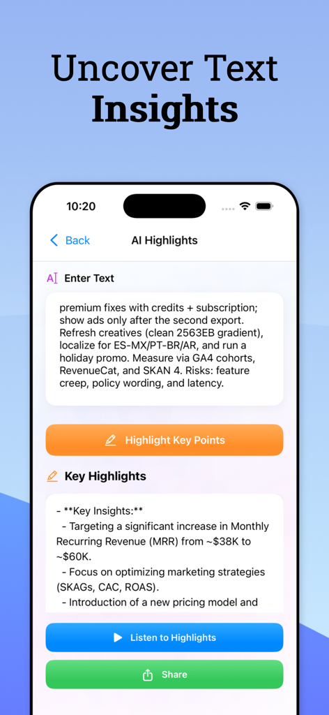 TTS Reader : Read Text Aloud - Smartphone screen displaying the AI Highlights feature of the TTS Reader app which summarizes text into key points.