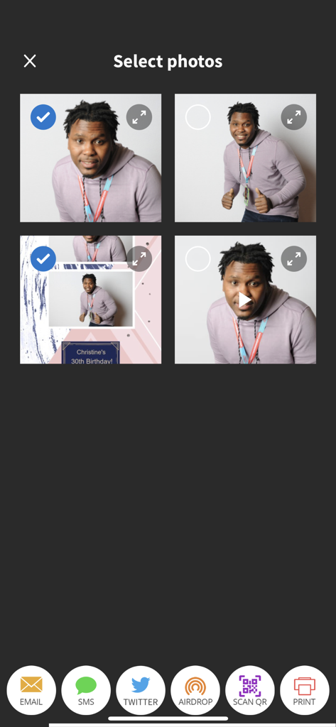 LumaShare app interface for selecting photo booth pictures and sharing via email, SMS, or QR code