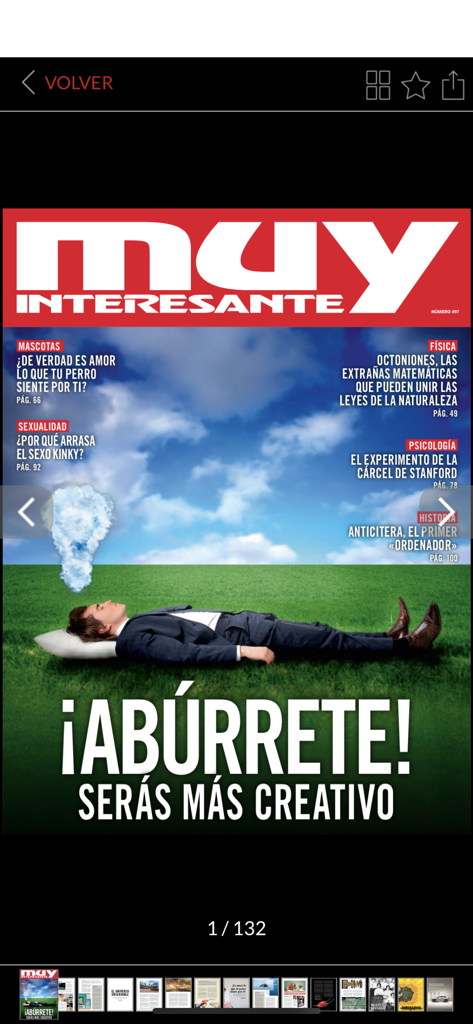 Muy Interesante Revistas - Capa digital da revista Muy Interesante no aplicativo com um homem deitado na grama e uma manchete sobre criatividade