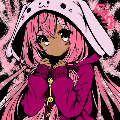 anime character girl with long hair cute bunny hoodie