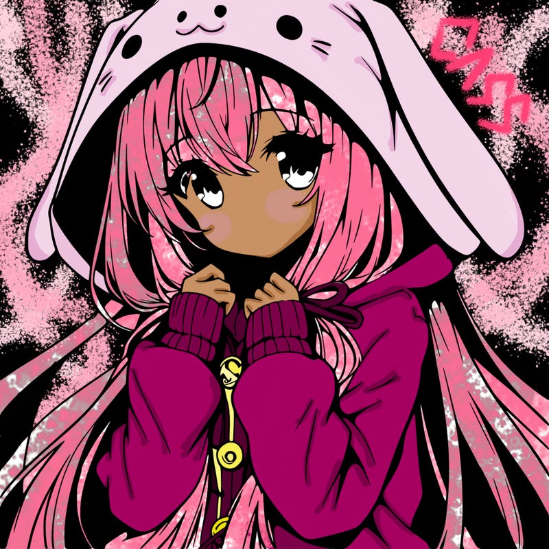 anime character girl with long hair cute bunny hoodie