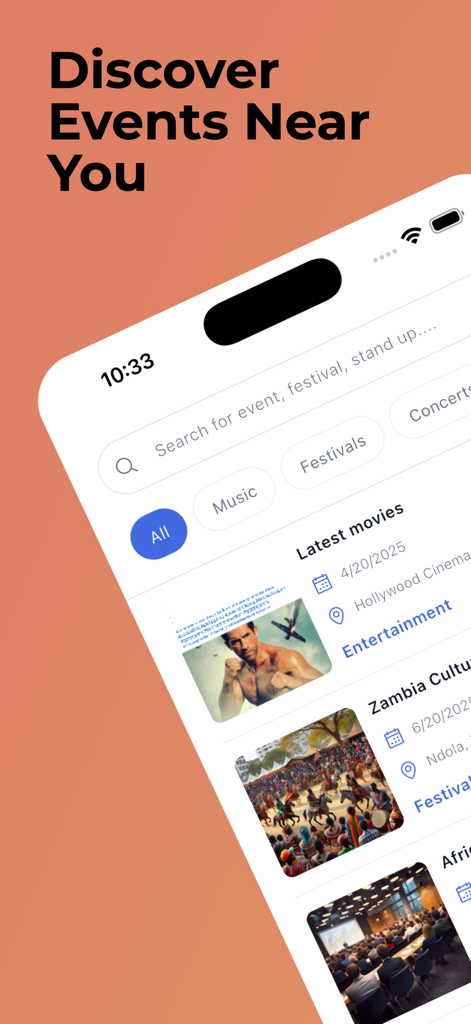 Chepa Ticket - Interface móvel do aplicativo Chepa Ticket mostrando opções para descobrir e reservar eventos e festivais zambianos.