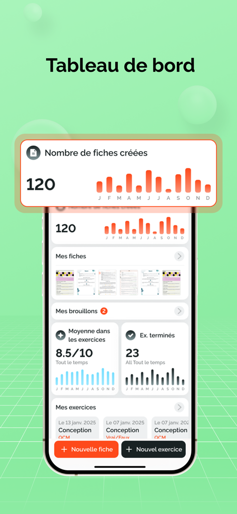 Partielo - Fiche de révision - Partielo study app dashboard showing flashcard creation and exercise performance statistics