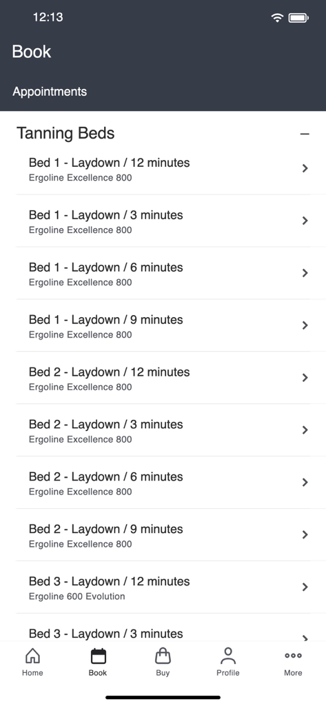 Diamond Tanning - Diamond Tanning app booking page showing a list of available tanning beds and session durations
