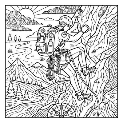 Embark on an exhilarating journey with this detailed coloring page featuring a solo climber conquering a majestic rock face. It's the perfect way to unleash your creativity and bring a thrilling vacation adventure to life.