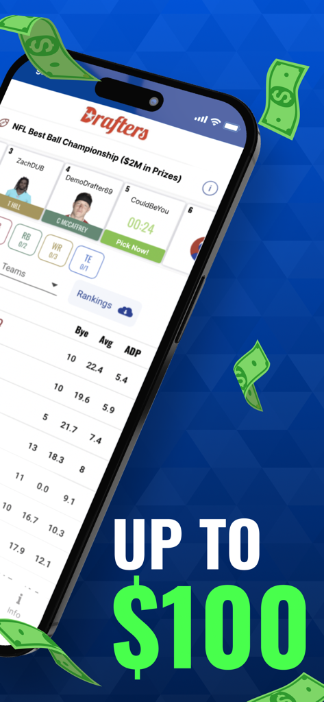 Drafters Fantasy Sports - Drafters Fantasy Sports app screenshot featuring an NFL Best Ball draft and a 100 dollar promotion