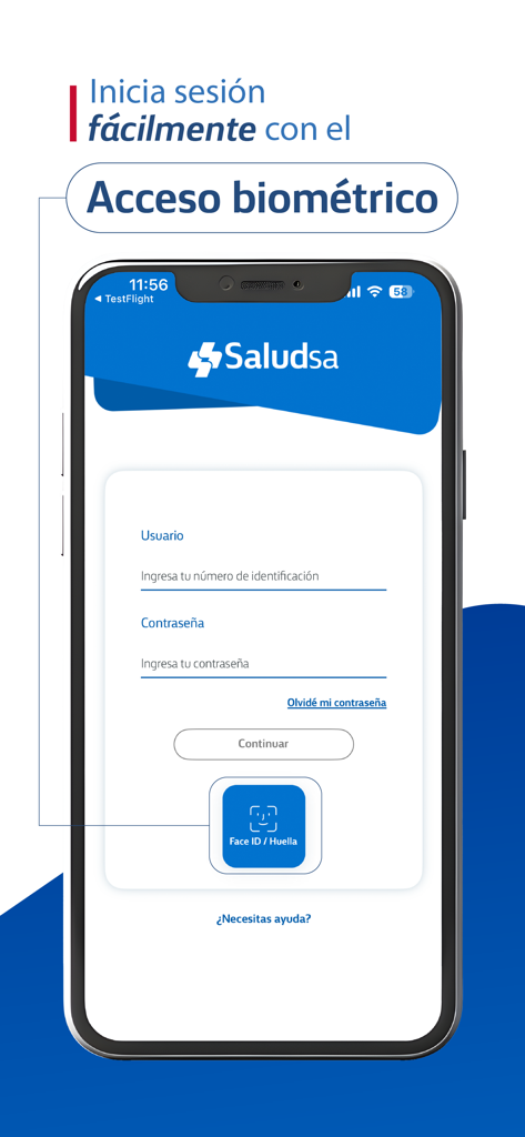 Saludsa mobile app login screen featuring biometric access options for Face ID and fingerprint