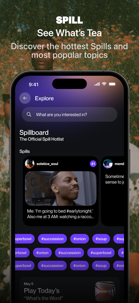Spill-App - Tela de exploração do aplicativo Spill mostrando tópicos em alta e a lista de mais populares do Spillboard