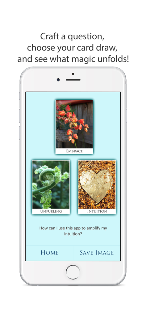 Self-Discovery - Self-Discovery app interface showing a three card oracle spread with nature photography for intuition and mindfulness