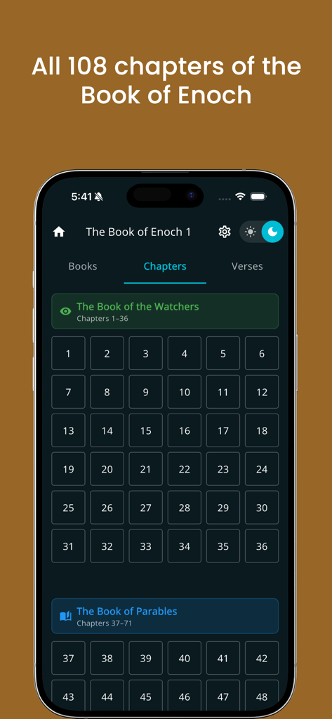 Screenshot of the Book of Enoch app showing the chapter selection menu and organized sections