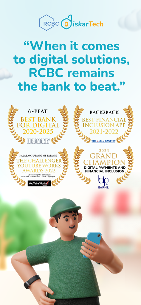 RCBC DiskarTech digital banking awards and financial inclusion recognition with cartoon character using phone