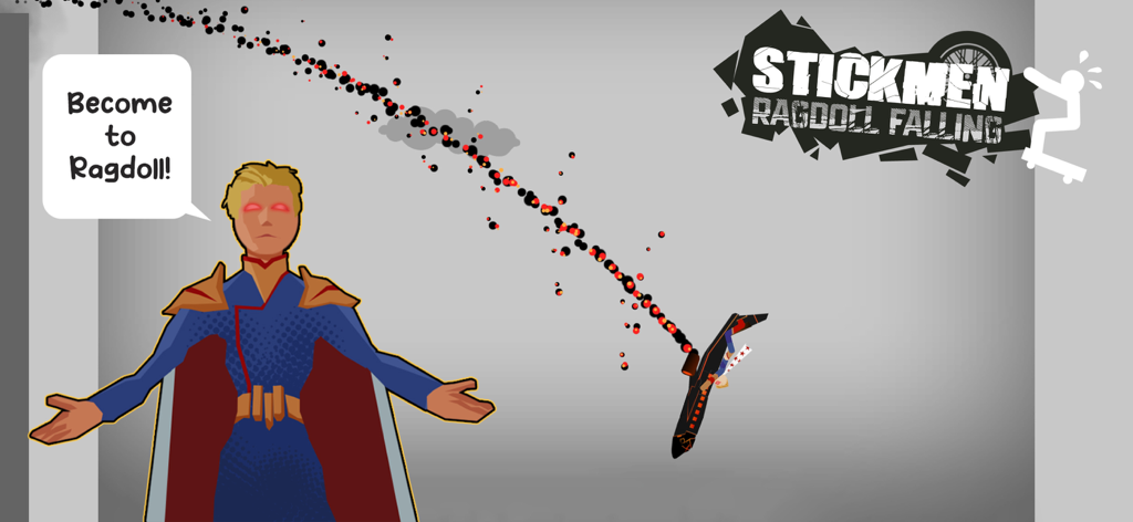 Stickman ragdoll game scene with a superhero character and a crashing aircraft