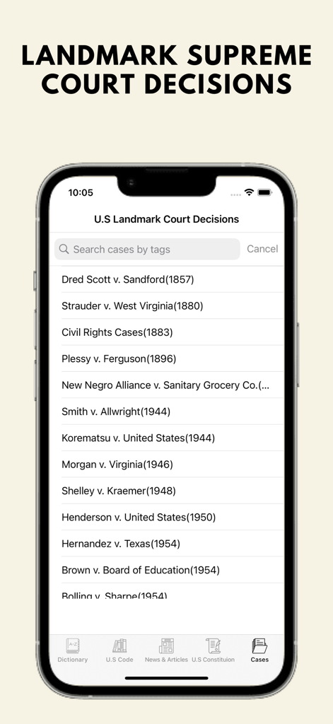 Law Dictionary & U.S Code - A smartphone screenshot showing a list of historic U.S. Supreme Court decisions in the Law Dictionary app.