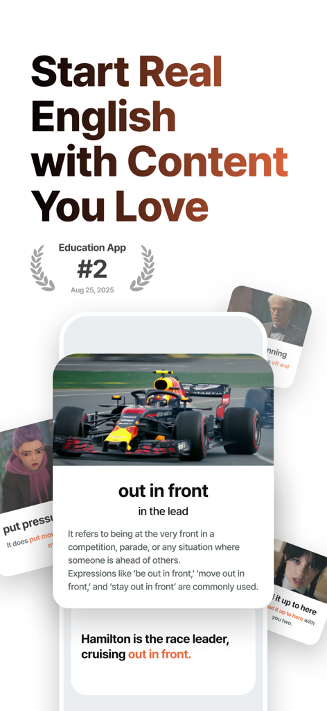 Langflixアプリのインターフェース。人気の映画やスポーツコンテンツのイディオムを含む英語学習カードを表示。