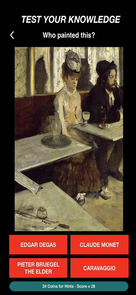 Learn Art - Screenshot of the Learn Art app quiz feature showing a painting by Edgar Degas with multiple choice artist options.