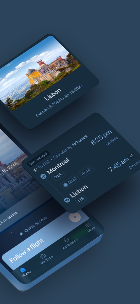 Interface de l'application mobile d'Air Transat affichant les détails du vol Montréal-Lisbonne et des fiches de planification de destination.
