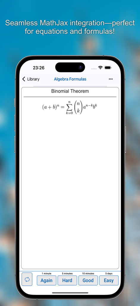 MemU –Smart Flashcard Learning - Captura de pantalla de la aplicación MemU que muestra una tarjeta de memoria de álgebra con la fórmula del Teorema Binomial usando integración MathJax