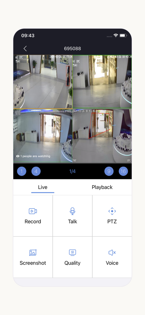 HiEasy app screen displaying four live security camera feeds with navigation and camera control buttons.