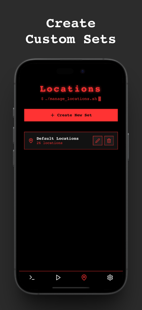 SpyFall: Find the Spy - A mobile app interface for creating custom location sets in SpyFall with a dark theme and red accents.